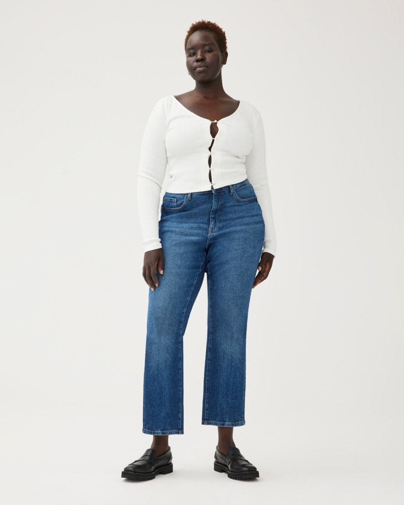 Front of a model wearing a size 24X29 ASE PLUS - HIGH RISE STRAIGHT | SEABORN in SEABORN by Warp + Weft. | dia_product_style_image_id:292745
